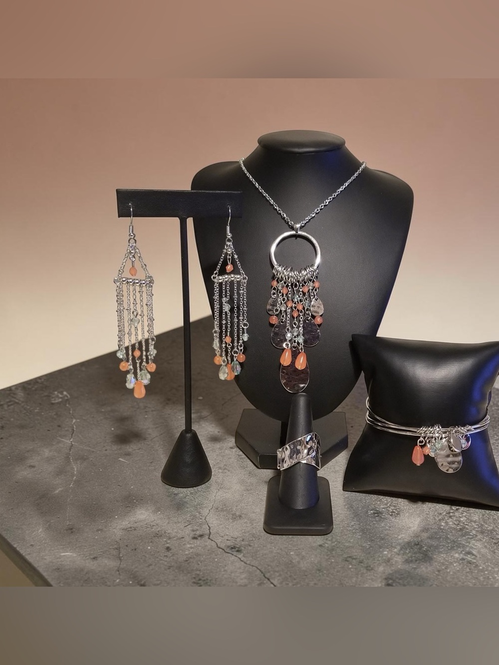 Silver Tone Chandelier Necklace & Earring Set with Peach Accents